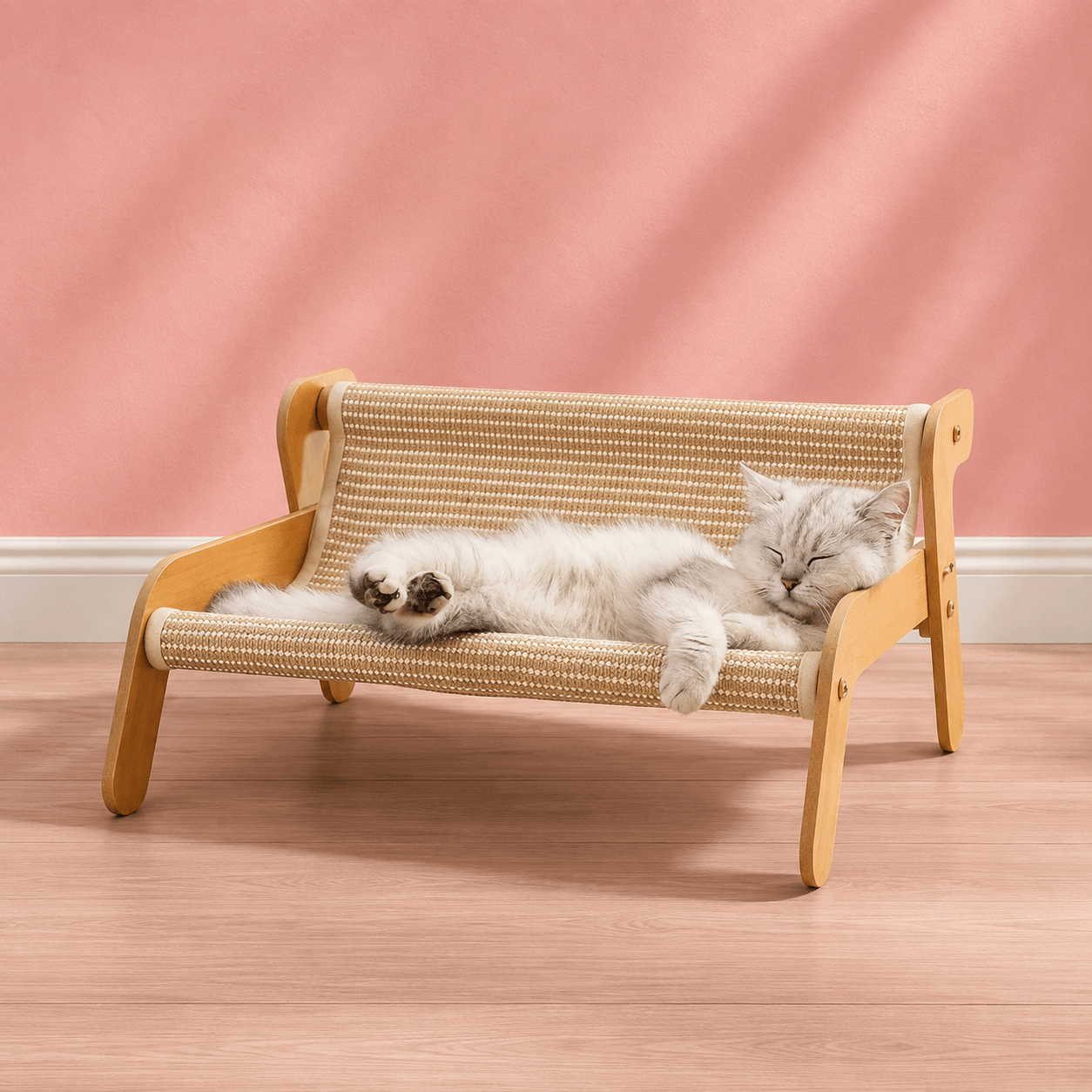 Kat ontspant op een luxe houten kattenhangmat met ademende geweven stof – modern design kattenbed voor binnen | Kattenhoek kattenwinkel