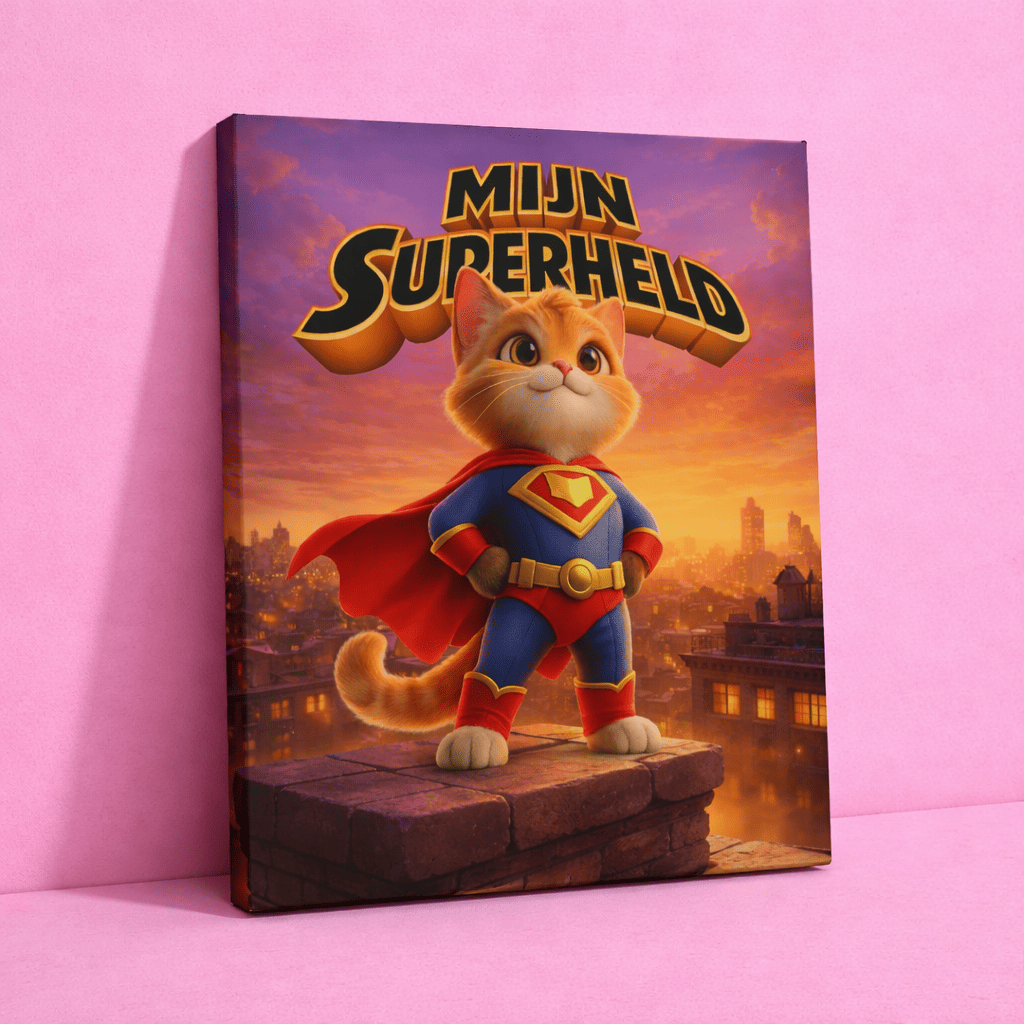 Gepersonaliseerd superheld kat canvas van Kattenhoek staand op roze achtergrond, uniek kattenportret cadeau voor kattenliefhebbers