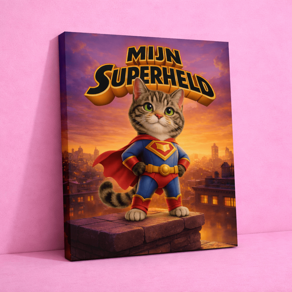 Kattenhoek gepersonaliseerd canvas met superheld kitten en naam, speels kattenkunstwerk als persoonlijk cadeau