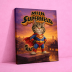 Kattenhoek gepersonaliseerd canvas met superheld kitten en naam, speels kattenkunstwerk als persoonlijk cadeau
