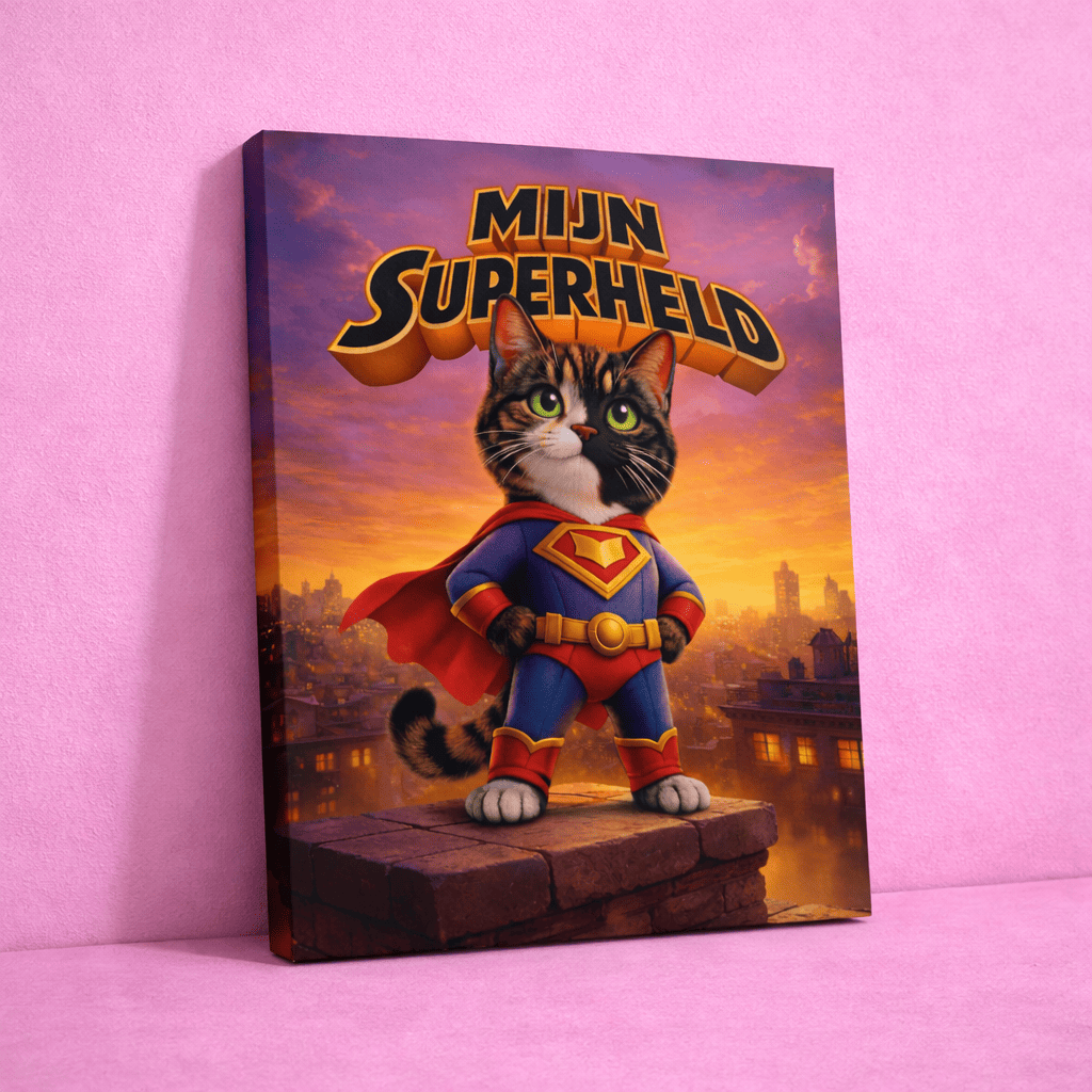 Gepersonaliseerd Kattenhoek canvas met superheld kat, unieke kattenfoto verwerkt in superman stijl kunstwerk op roze achtergrond