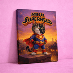 Gepersonaliseerd Kattenhoek canvas met superheld kat, unieke kattenfoto verwerkt in superman stijl kunstwerk op roze achtergrond