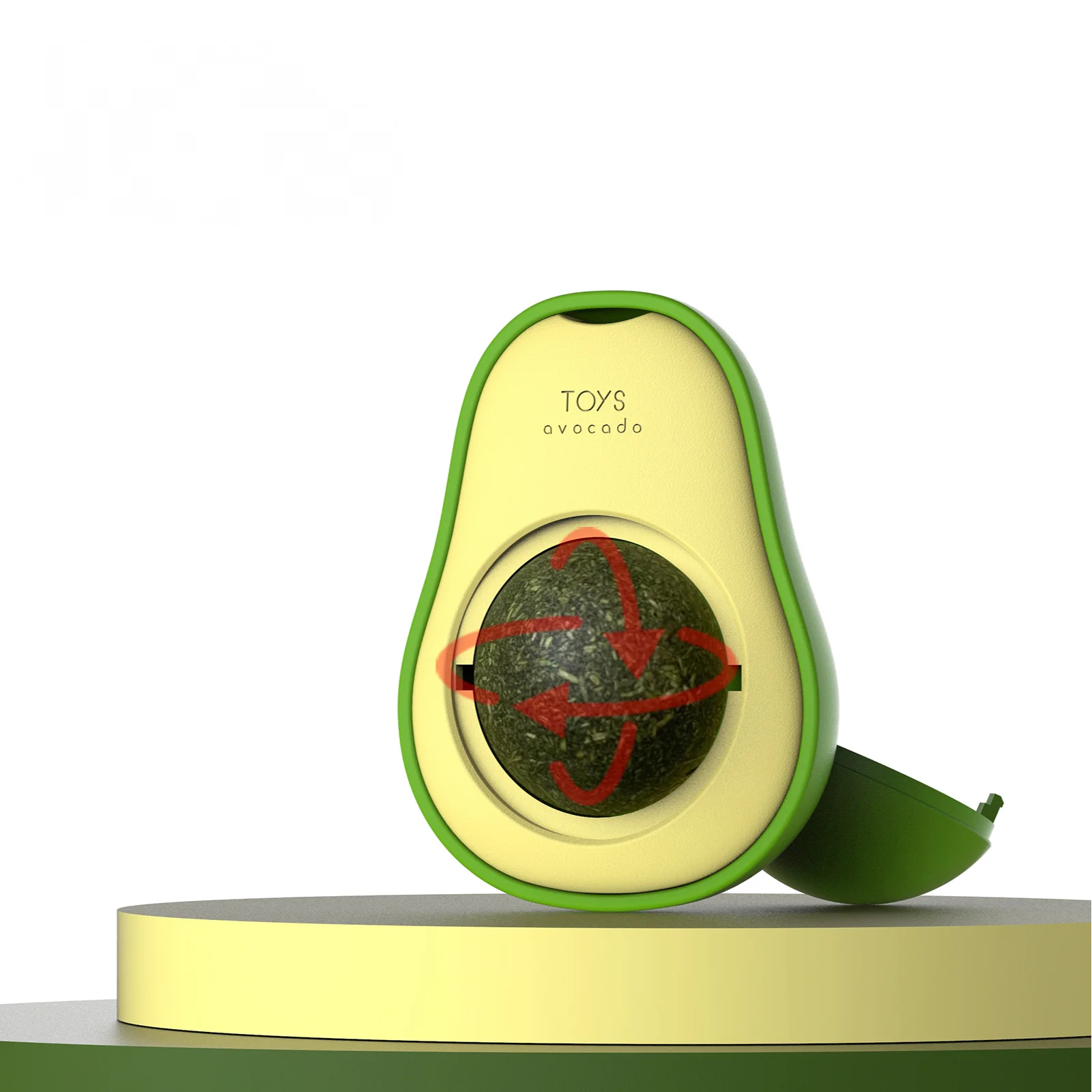 Kat speelt en likt aan groene catnipbal in muurstickervorm

