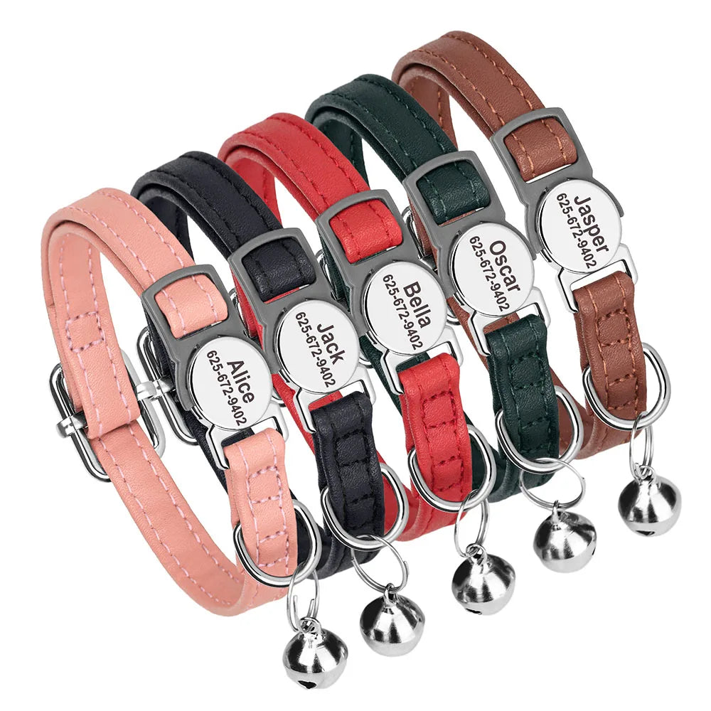 Gepersonaliseerde kattenhalsband van PU-leer met bel en gegraveerd naamplaatje – Kattenhoek