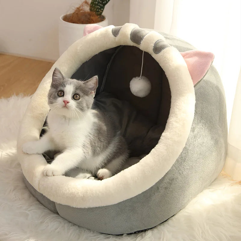 Diepe slaap kattenmand cartoon ontwerp comfortabel - Kattenhoek  
Kattenbed ademend katoen met oortjes en pompon - Kattenhoek 
