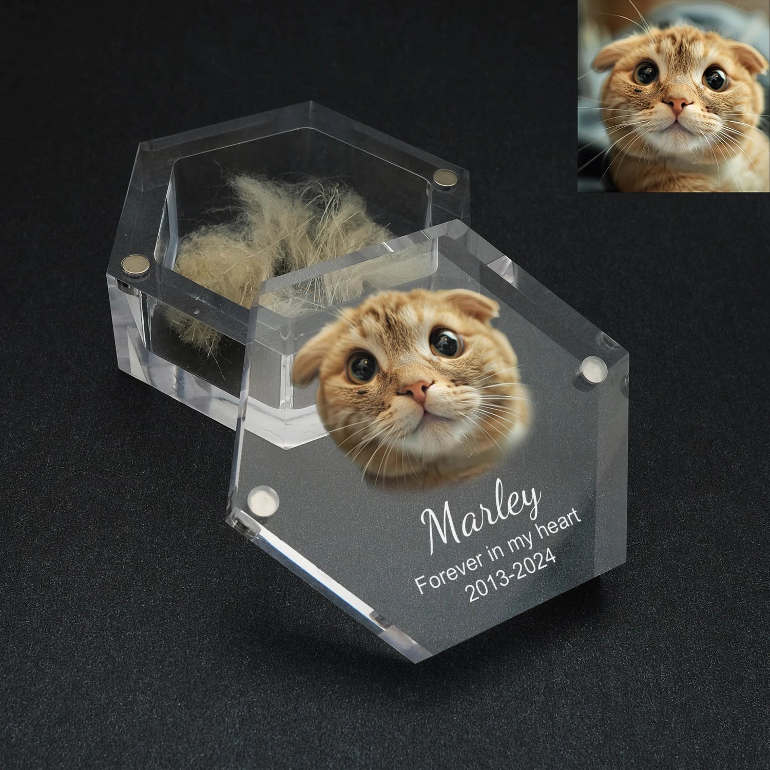 WHISKK™ gepersonaliseerd aandenkendoosje met foto – transparant acryl zeshoek