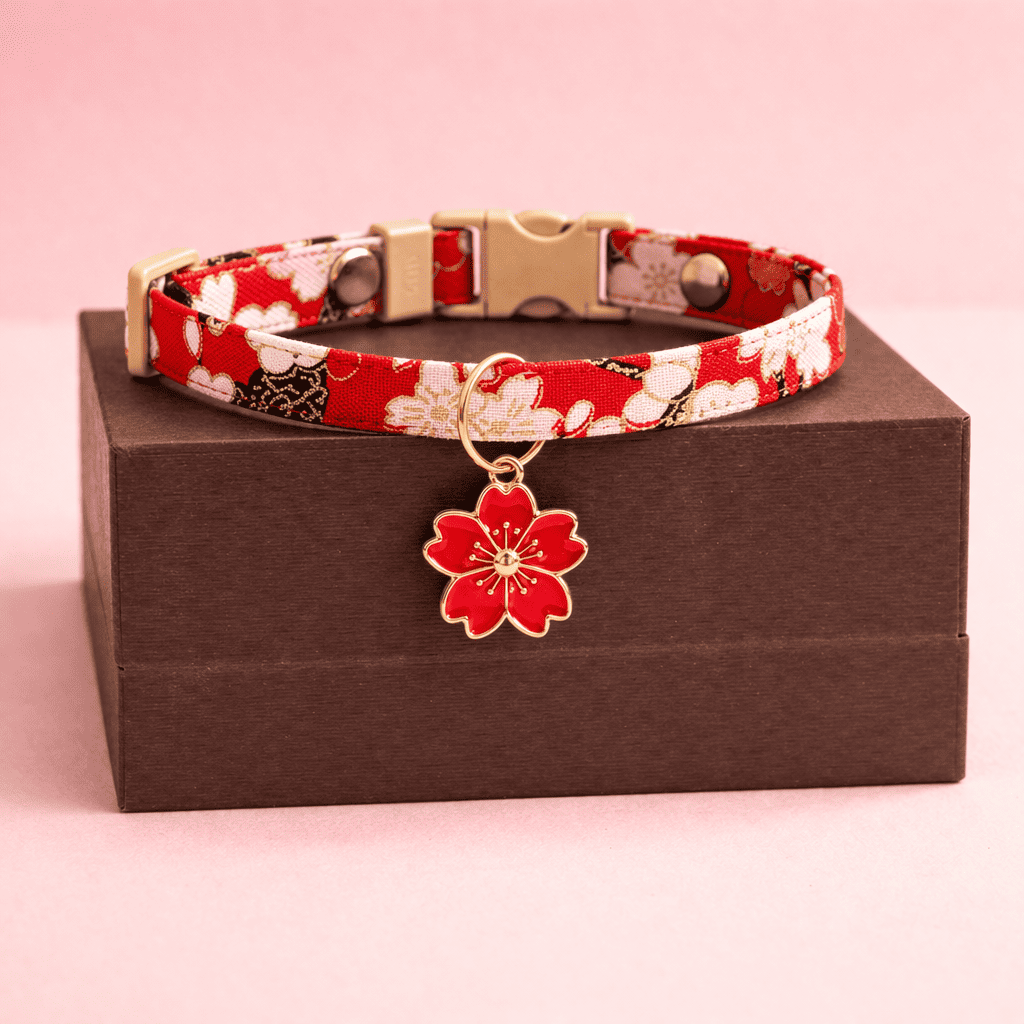 Stijlvolle Sakura kattenhalsband met Japanse bloesemprint en decoratieve bloemhanger voor kat op geschenkdoos van Kattenhoek