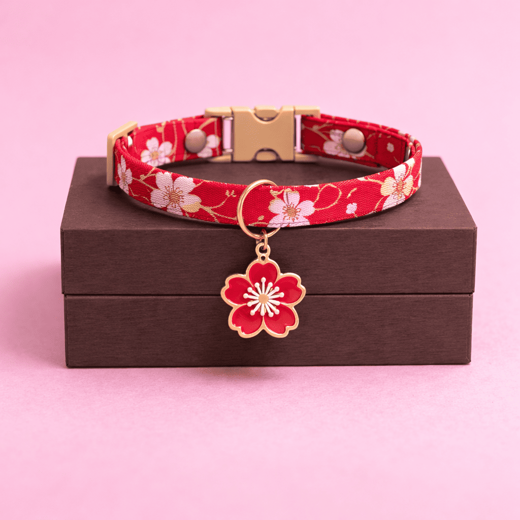 Japanse Sakura kattenhalsband voor kat met roze bloesemhanger en elegant bloemenpatroon op luxe rode band van Kattenhoek