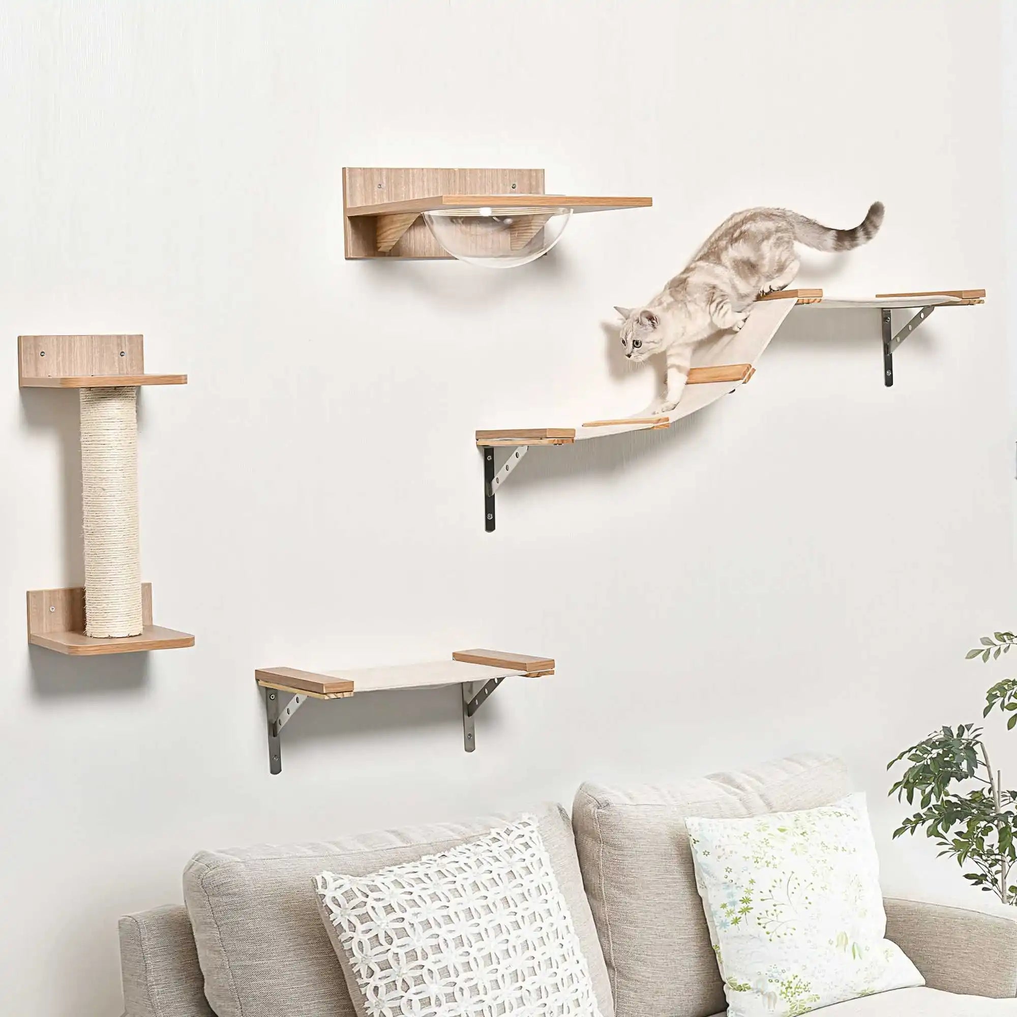 Krabpaal Set 4-delig met acryl hangmat, sisal krabpaal en springplatform – Kattenhoek

