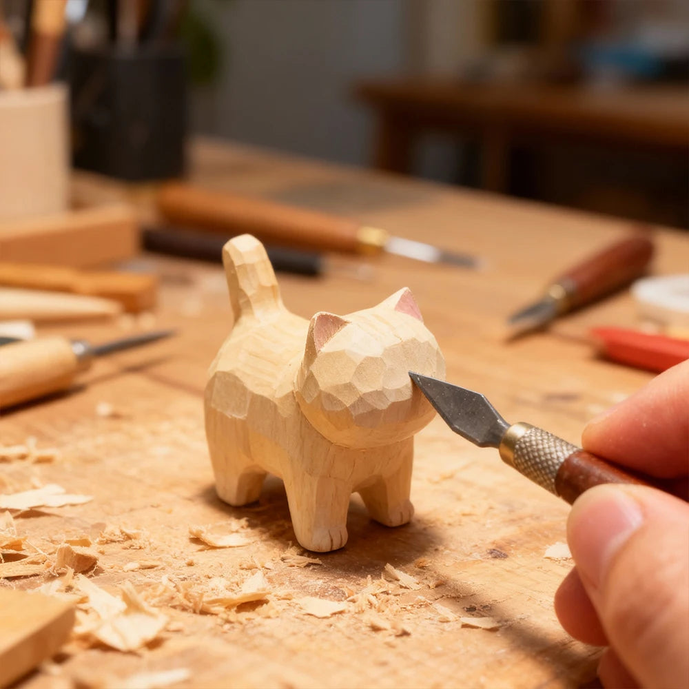 handgesneden kattenfiguurtje hout kleine kat decoratie bureau kattenhoek