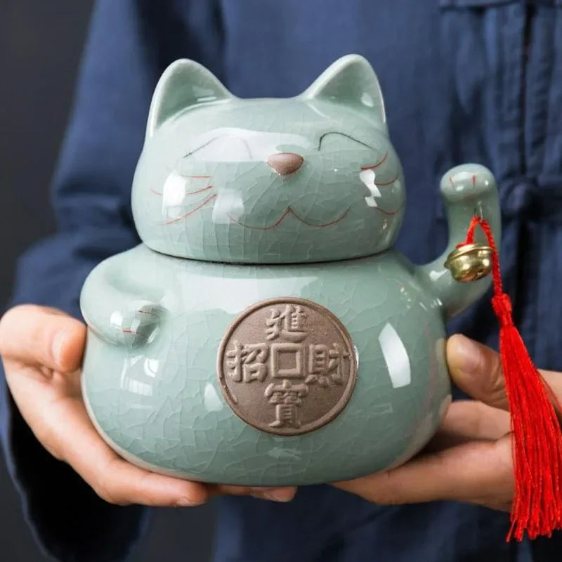 Stijlvolle keramische urn voor katten en kleine huisdieren met gelukskat design