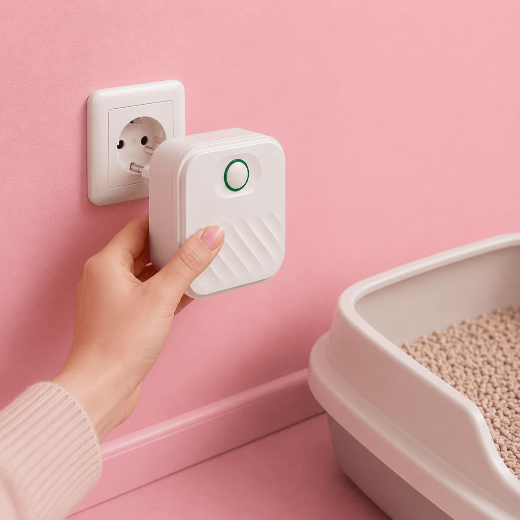 WHISKK™ oplaadbare kattenbak luchtzuiveraar naast een kattenbak in een minimalistische ruimte met roze achtergrond. Meow kat Kattenhoek.com