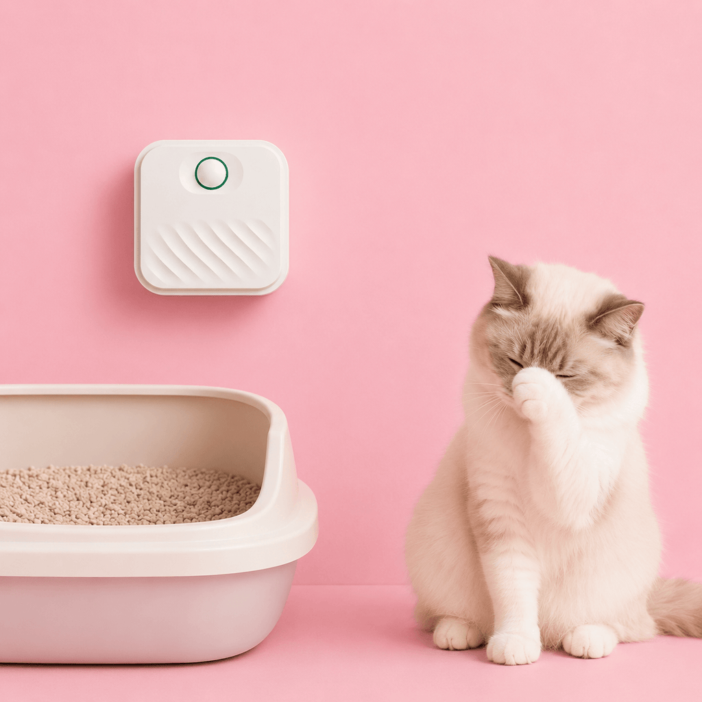 WHISKK™ Kattenbak Luchtzuiveraar wordt naast een kattenbak in een stopcontact geplaatst om ongewenste geurtjes te helpen verminderen. Kattenhoek Online Winkel