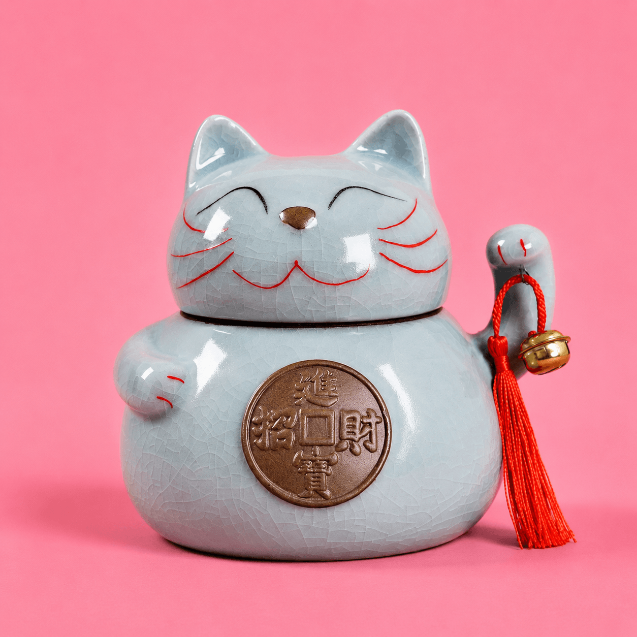 Keramische gelukskat urn voor huisdieren op roze achtergrond uit de Kattenhoek kattenwinkel
