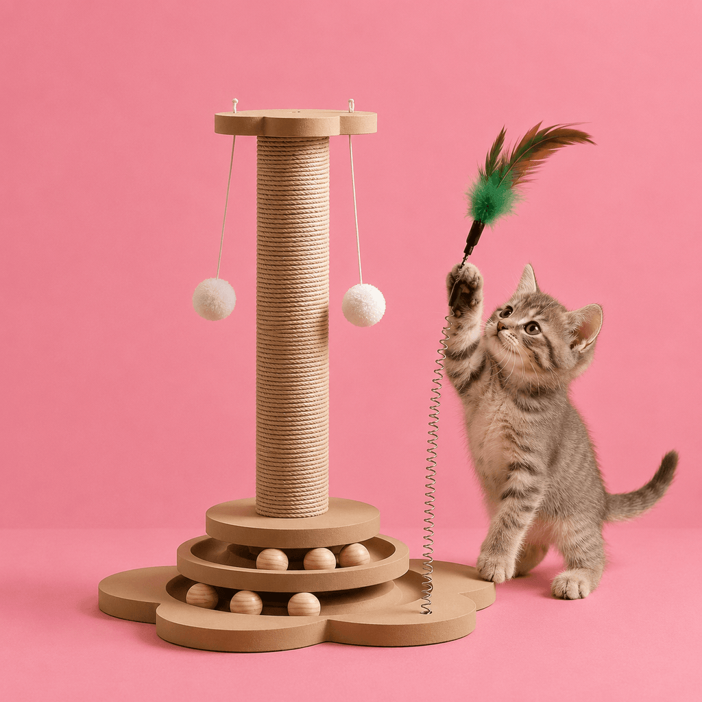 Kat speelt met een houten kattenkrabpaal voorzien van draaiende speelballen en een duurzaam sisal krabvlak. Grote Online Verkoop van Kattenspeelgoed Magazijn Leegverkoop