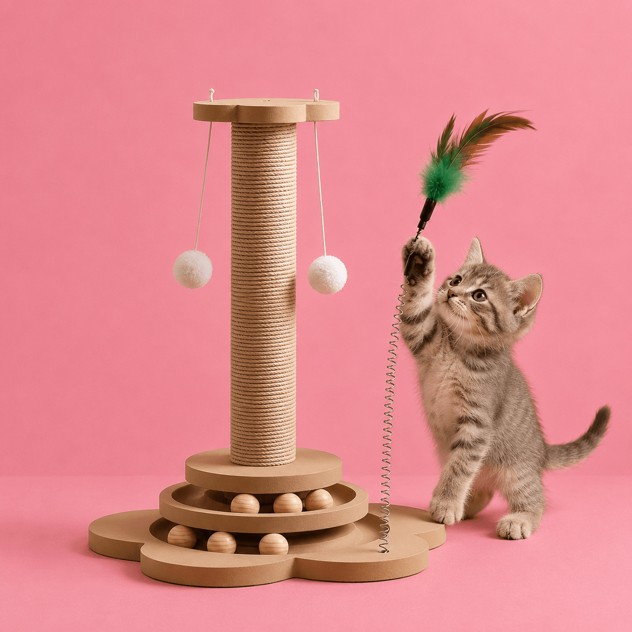 Kat speelt met een houten kattenkrabpaal voorzien van draaiende speelballen en een duurzaam sisal krabvlak. Grote Online Verkoop van Kattenspeelgoed Magazijn Leegverkoop