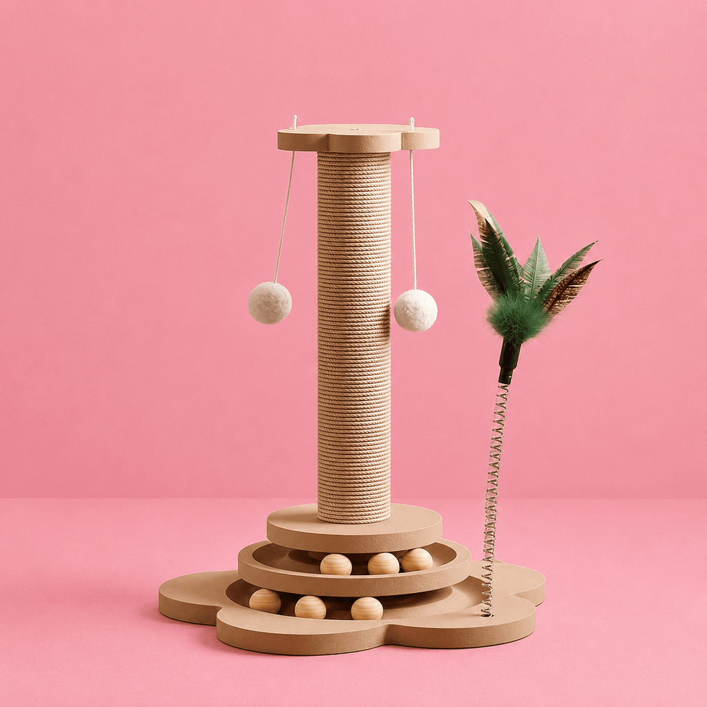 Houten kattenkrabpaal met sisal krabplank, speelballen en speelhengel voor actieve katten. Kattenhoek Online Korting Katten
