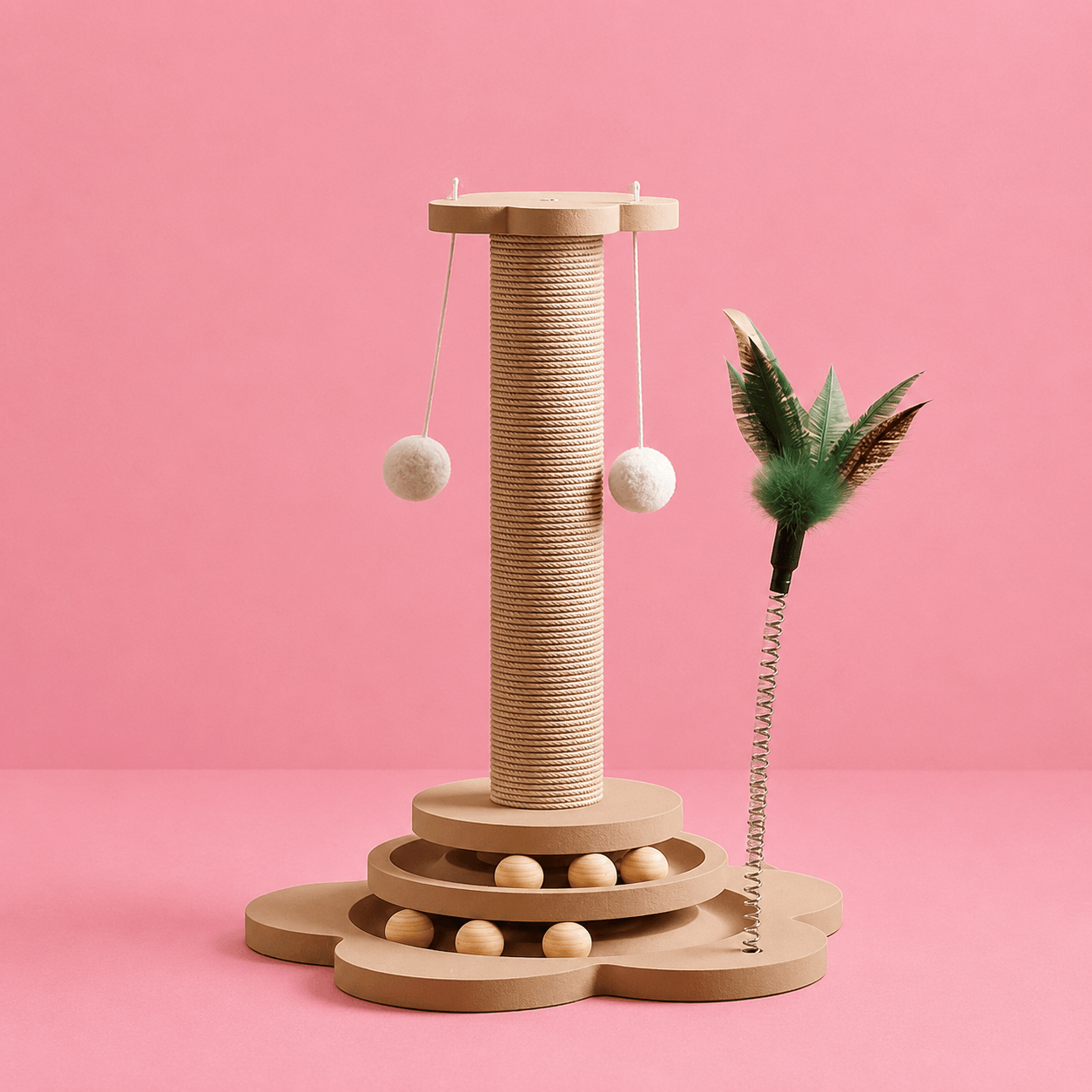 Houten kattenkrabpaal met sisal krabplank, speelballen en speelhengel voor actieve katten. Kattenhoek Online Korting Katten