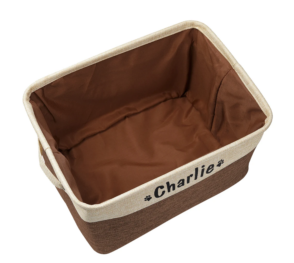 Opbergbox met naam voor kattenspeelgoed – beige mand van WHISKK