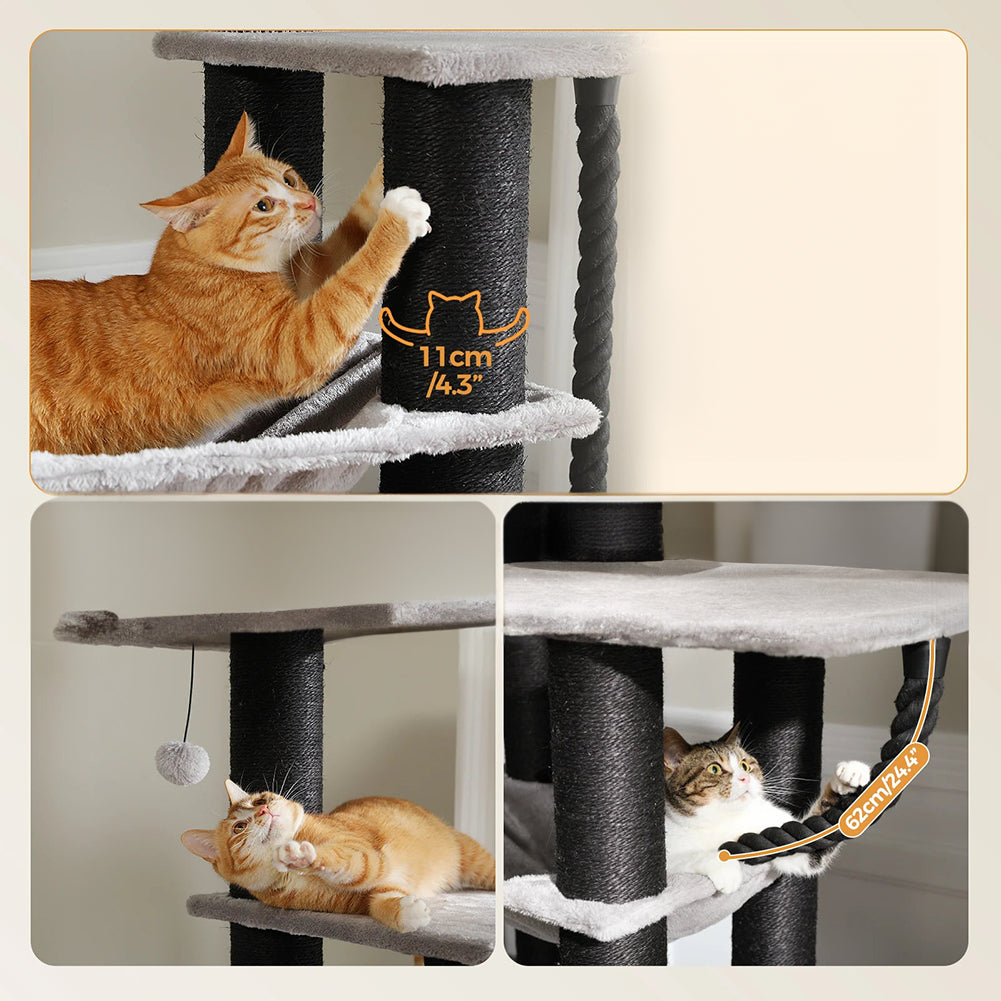 Drie katten gebruiken de WHISKK kattentoren tegelijk – geschikt voor meerdere katten